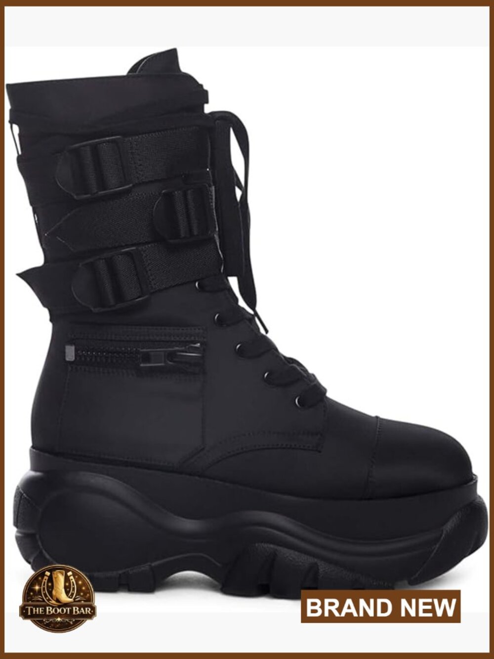 Chunky Platform Combat Boots with Zipper Pockets & Buckled Straps